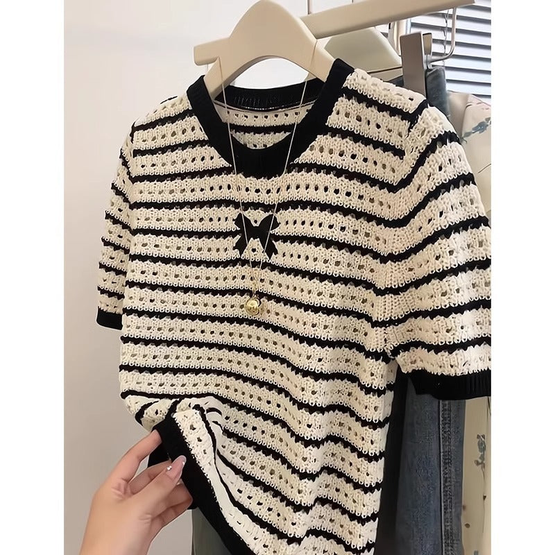 Striped Bow Knit T-Shirt – Hollow-Out Shoulder Design