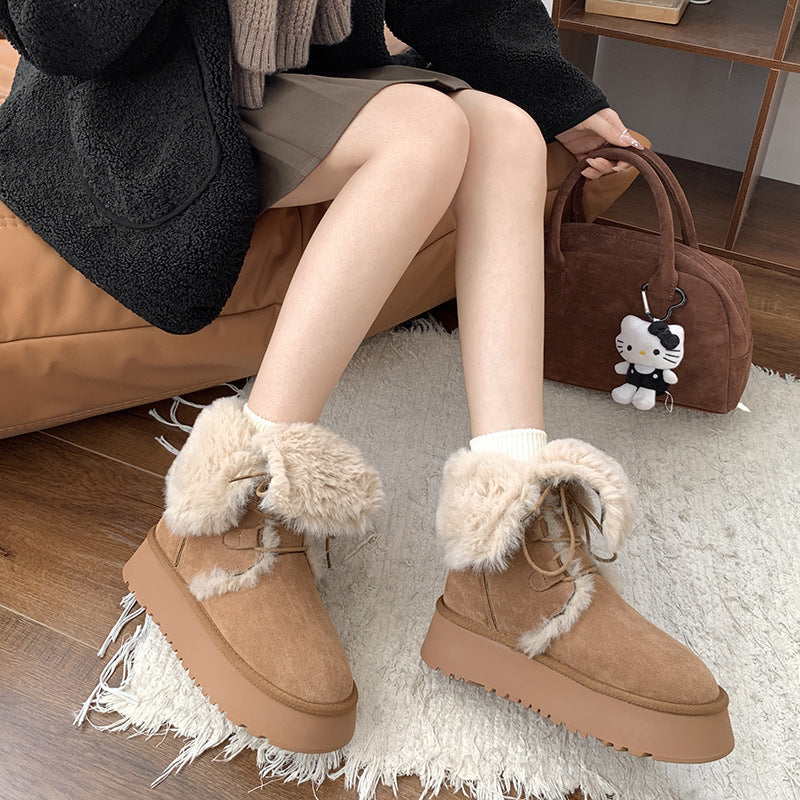 Khaki High-Top Snow Boots – Warm Thick-Soled Women’s