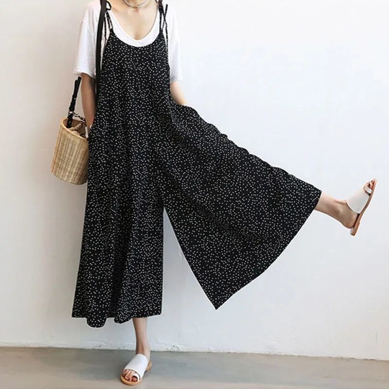 Korean Style Wide-Leg Polka Dot Suspender Pants
