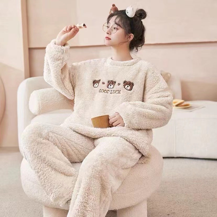 Women’s Flannel Cartoon Bear Pajama Set Warm Winter