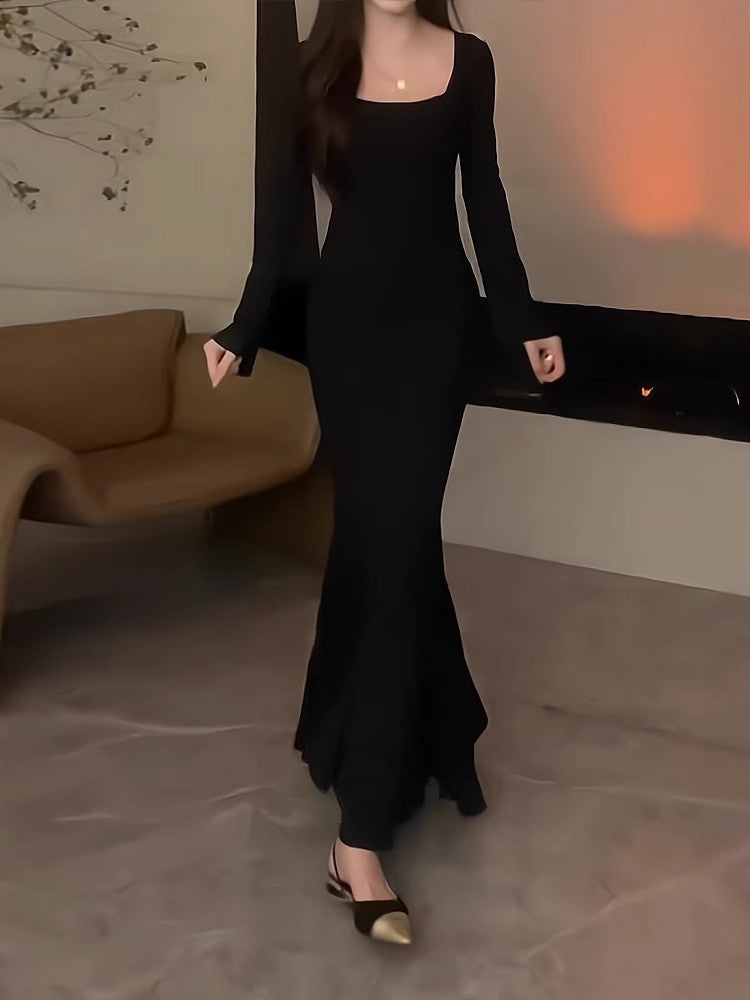 French Hepburn Style Black Fishtail Dress