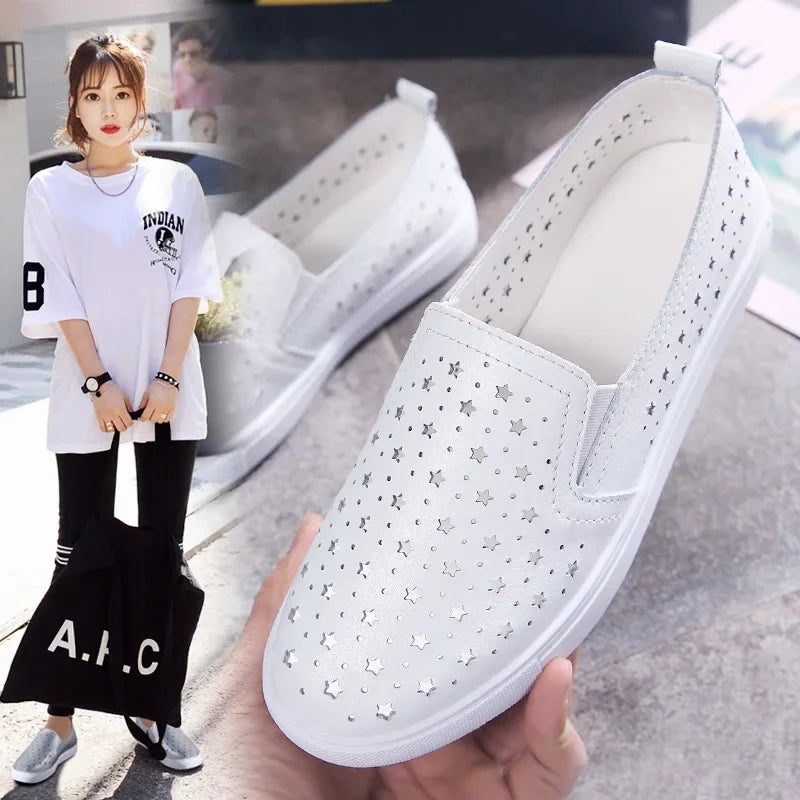 Spring/Summer Leather Loafers – Women's Breathable Hollow Slip-On Flats