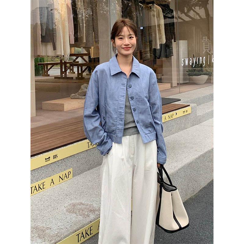 Tencel Linen Denim Shirt Jacket – Soft Single-Breasted Korean Style