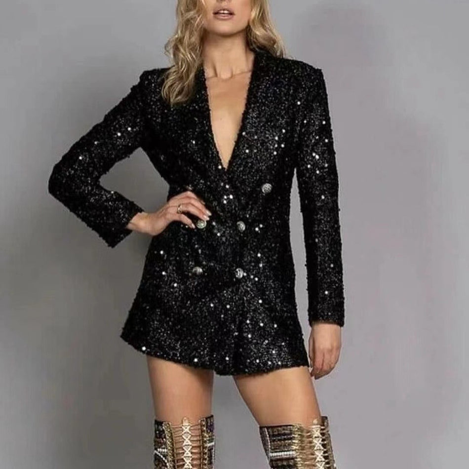 Women’s Black Sequined Double-Breasted Jacket