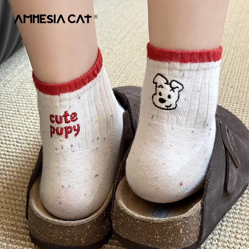 Grey Puppy Mesh Socks – Summer Cute Cotton Mid-Socks