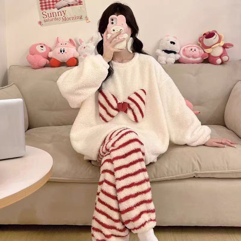 Cartoon Bow Coral Fleece Pajama Set