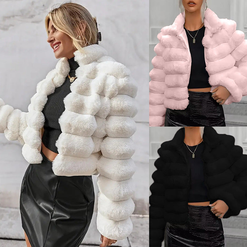 Women’s Tweed Faux Fur Short Winter Outwear
