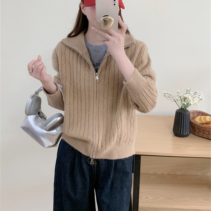 Women’s High Collar Cable Knit Zipper Cardigan