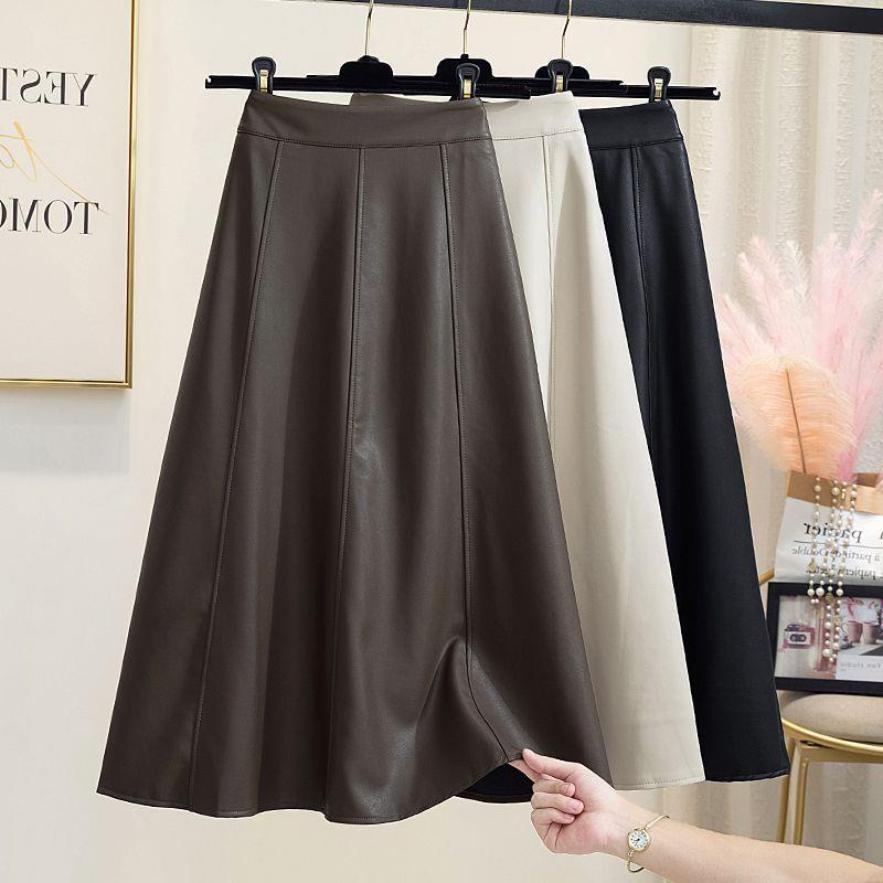Korean Style PU Leather A-Line Mid-Length Skirt
