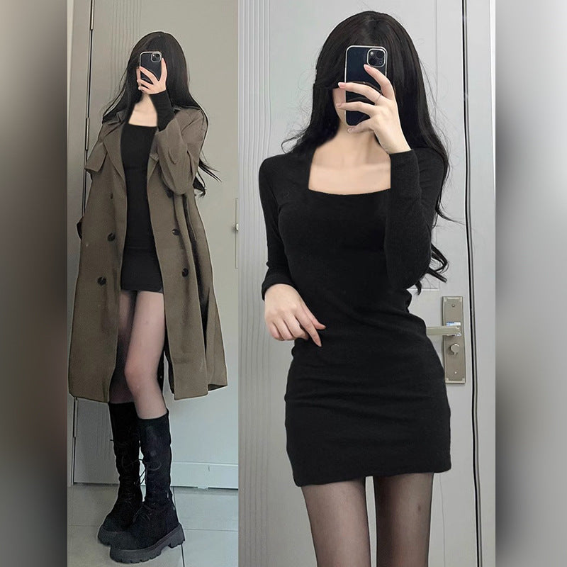 Black Slim Fit Hip Skirt Long Sleeve Little Dress Women