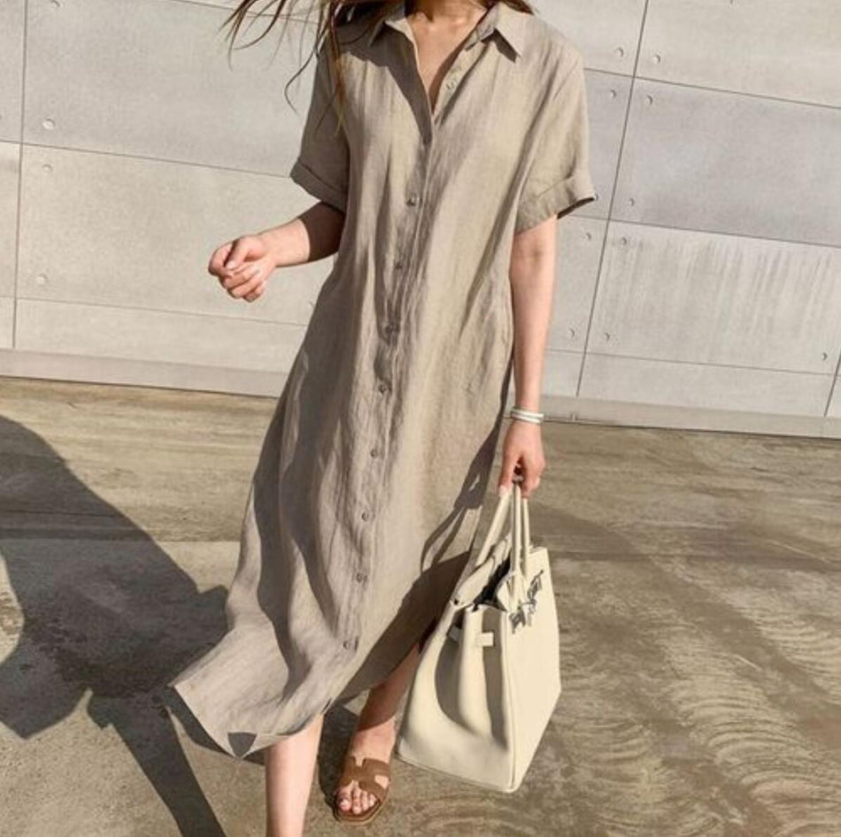 Linen Shirt Dress – Loose Fit with Lace-Up Waist & Short Sleeves