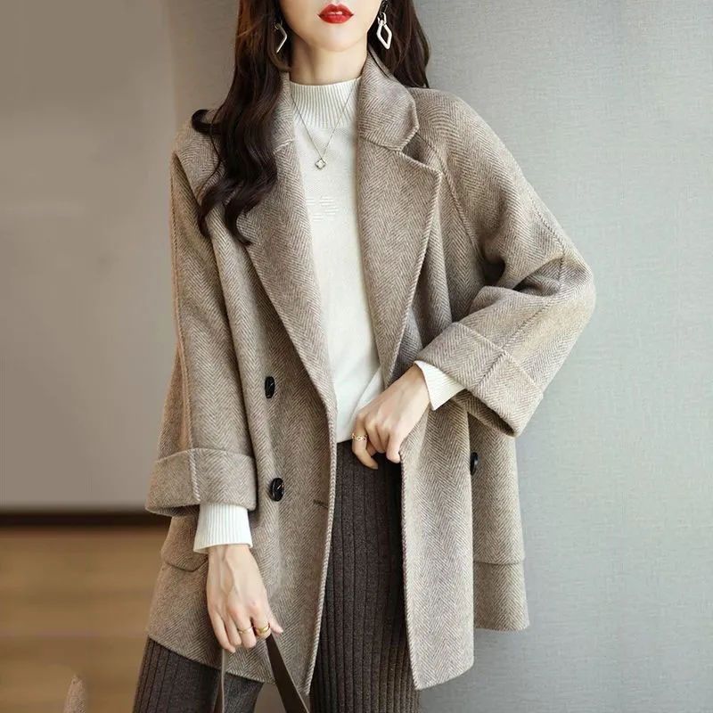 Herringbone Woolen Coat – Slimming Mid-Length Chic