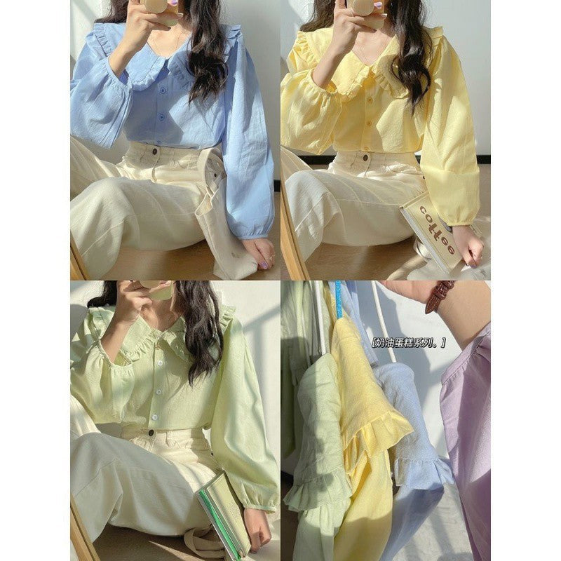 Creamy Yellow Retro Doll Collar Shirt – French Spring Long Sleeve Top