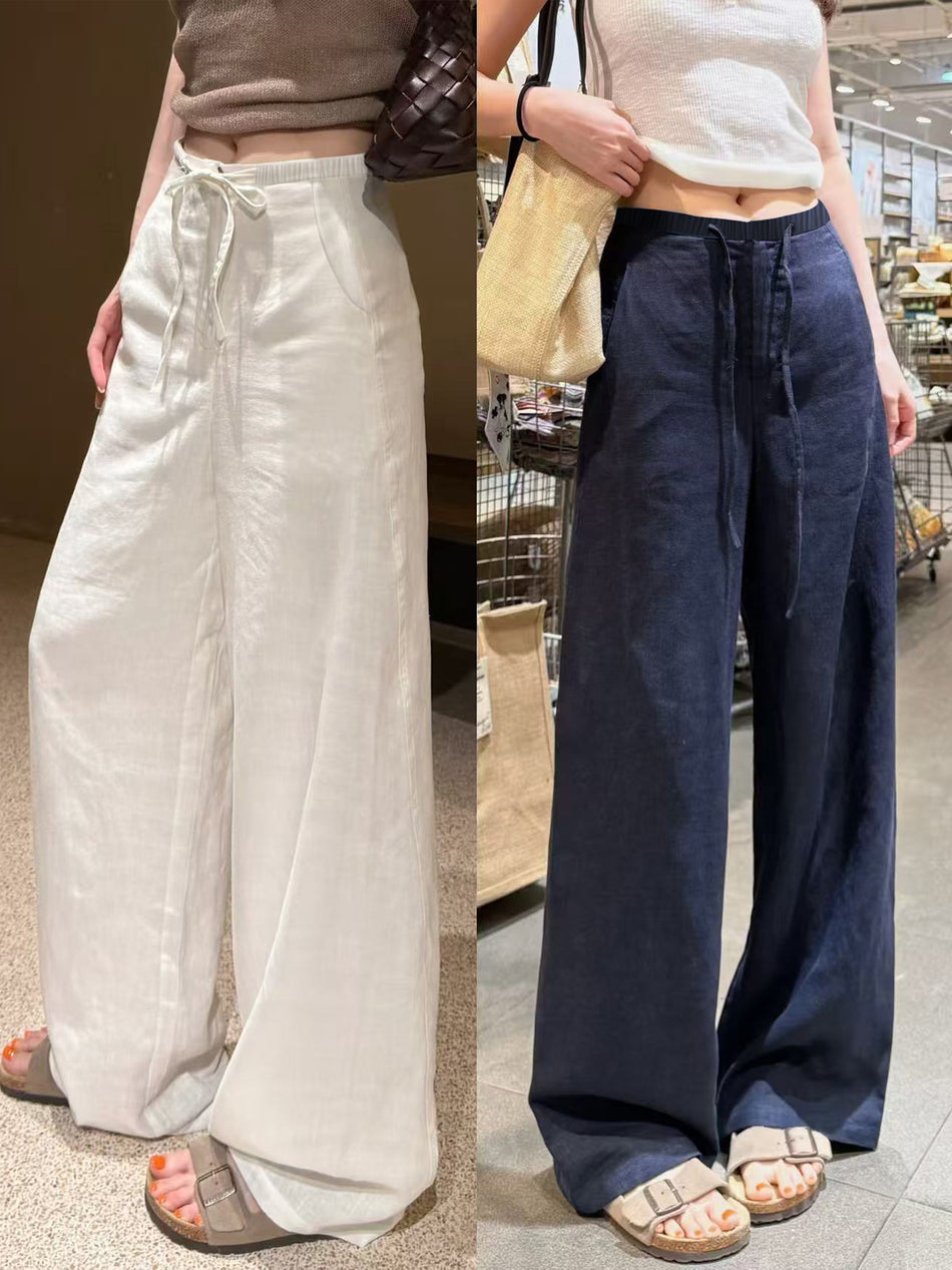 White Linen High-Waist Wide-Leg Casual Pants