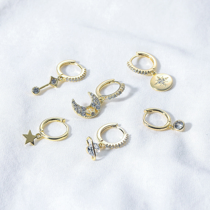 Moon & Star Zircon Earrings Set | 6-Piece Elegant Jewelry