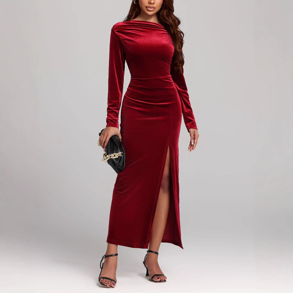 Gold Velvet Sexy Split Long Dress Women