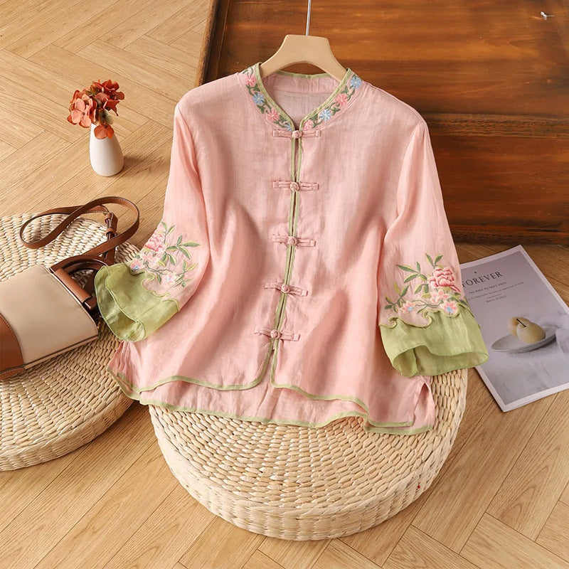 Cotton Linen Retro Embroidered Shirt for Women
