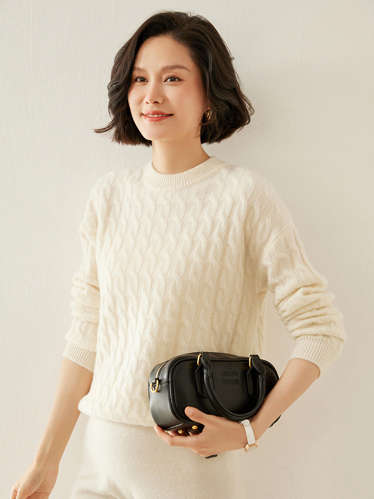 Women’s Cashmere Round Neck Twist Sweater for Winter