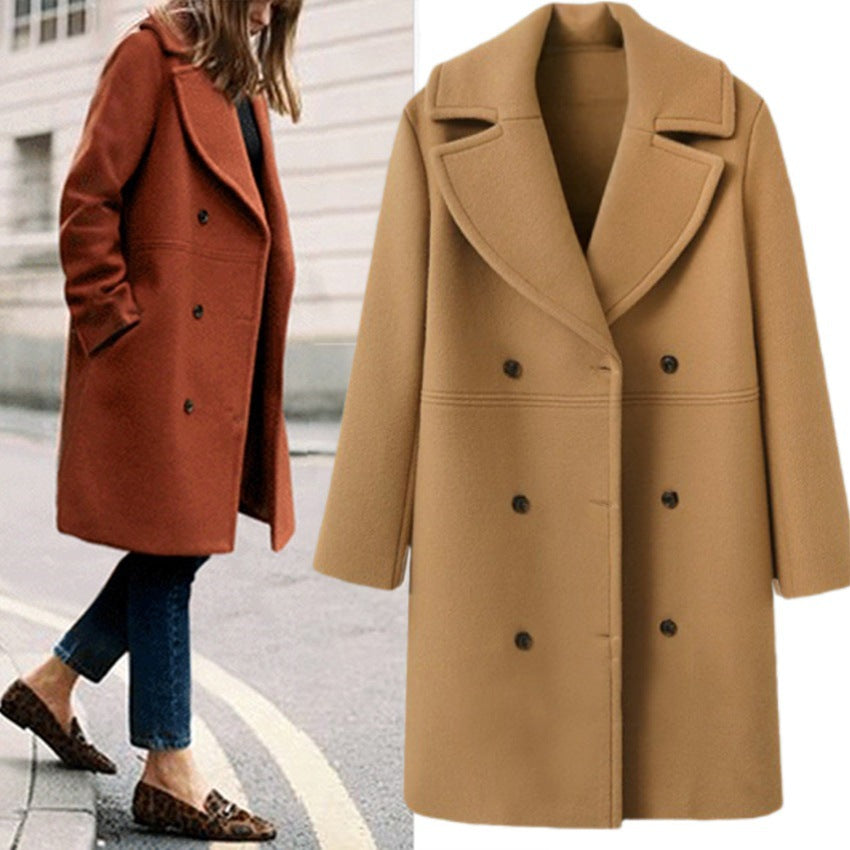 Plus-Size Double-Breasted Woolen Coat