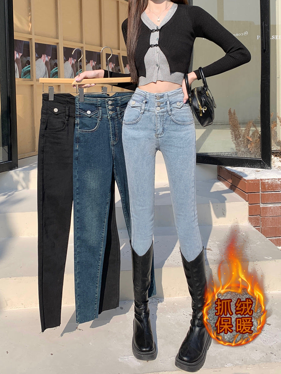 Women’s Fleece-Lined Washed Blue High Waist Slim Fit Skinny Jeans