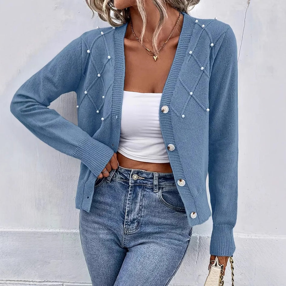 Women’s Beaded Button V-Neck Knit Cardigan