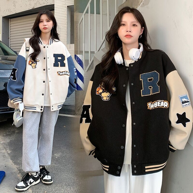 Fleece-Lined Printed Baseball Jacket for Women