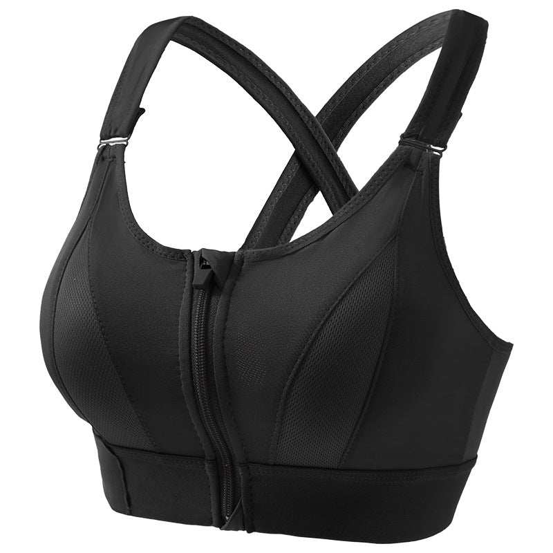 Front Zipper Shockproof Sports Bra with Cross Back Support