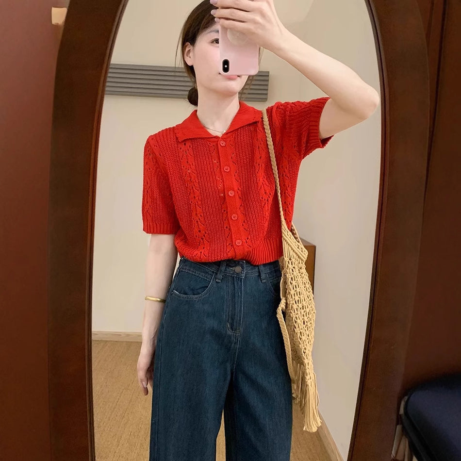 Retro Lapel Knit Top for Women