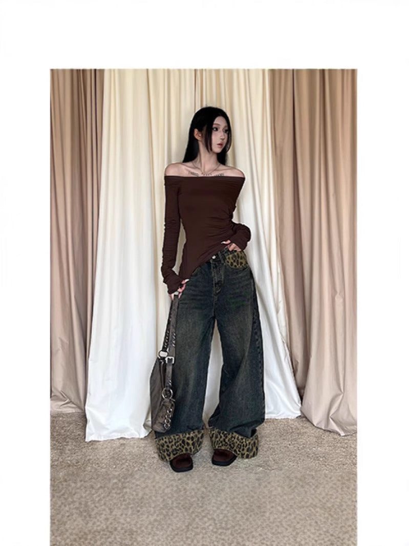 American Retro Leopard Hem Wide-Leg Jeans for Women