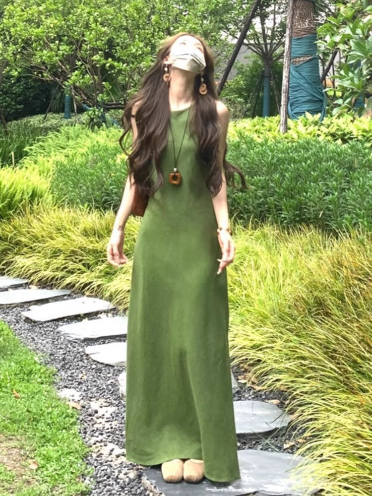 French Retro Green Camisole Summer Long Dress