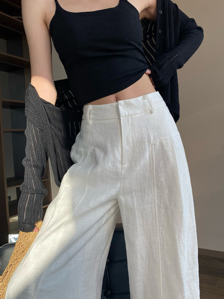 White High-Waisted Cotton-Linen Wide Pants