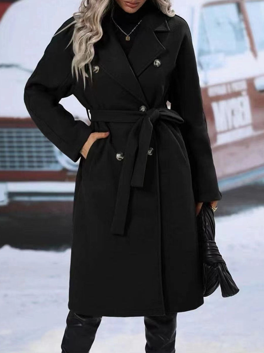 2025 Women’s Solid Color Double-Breasted Long Trench Coat with Lapel