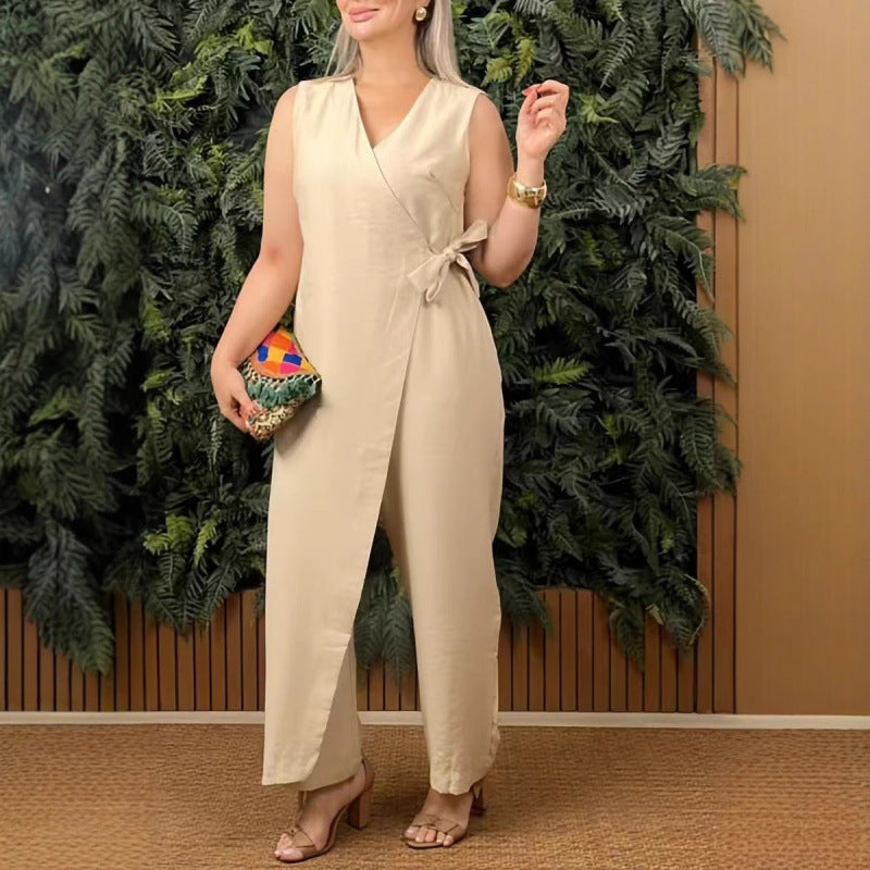 Solid Color V-Neck Strap Casual Jumpsuit