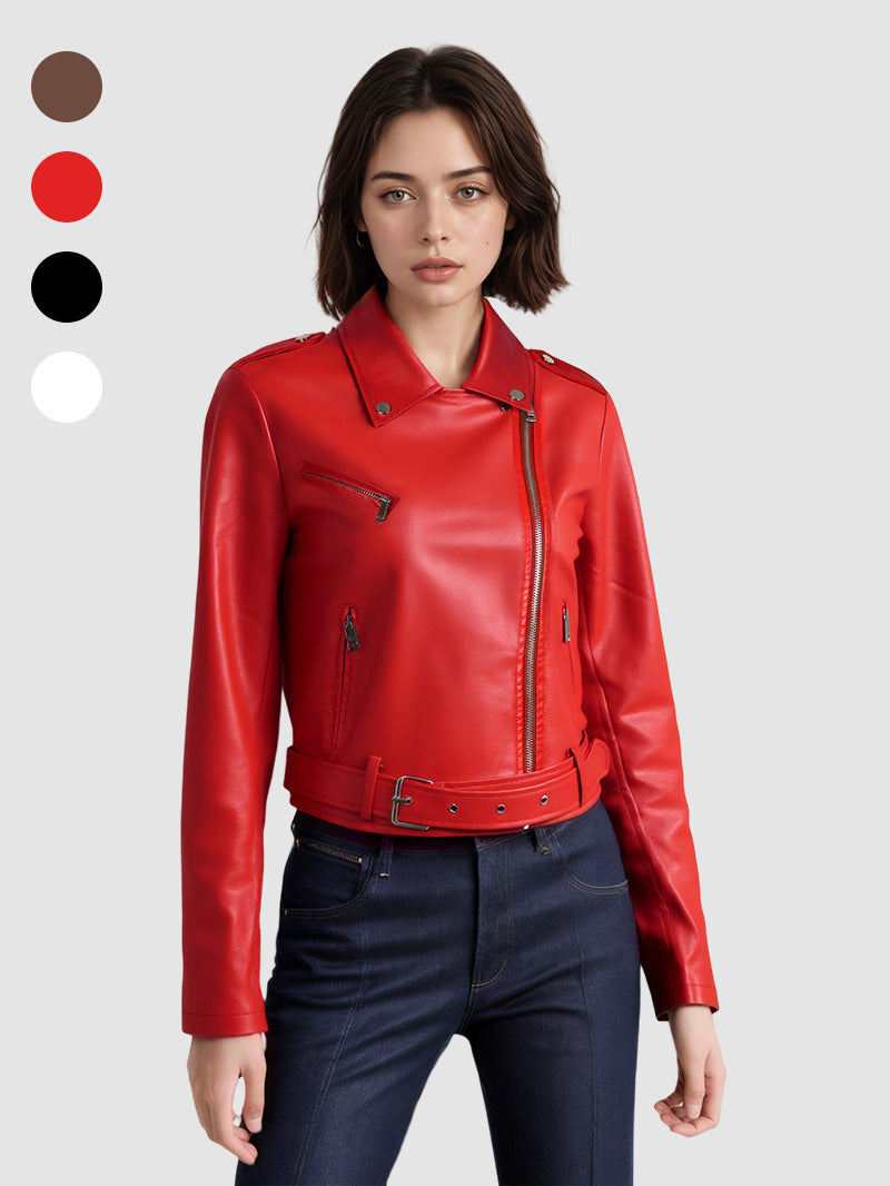 Custom Lapel Short Belt PU Leather Jacket for Women