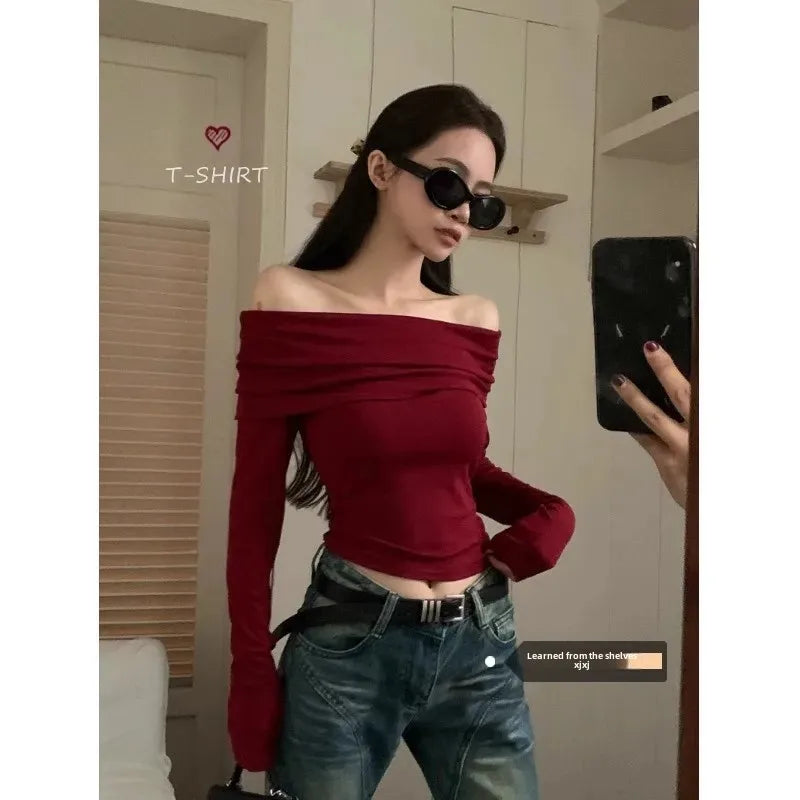 Vintage Off-Shoulder Red Top – Slim Fit Elegance
