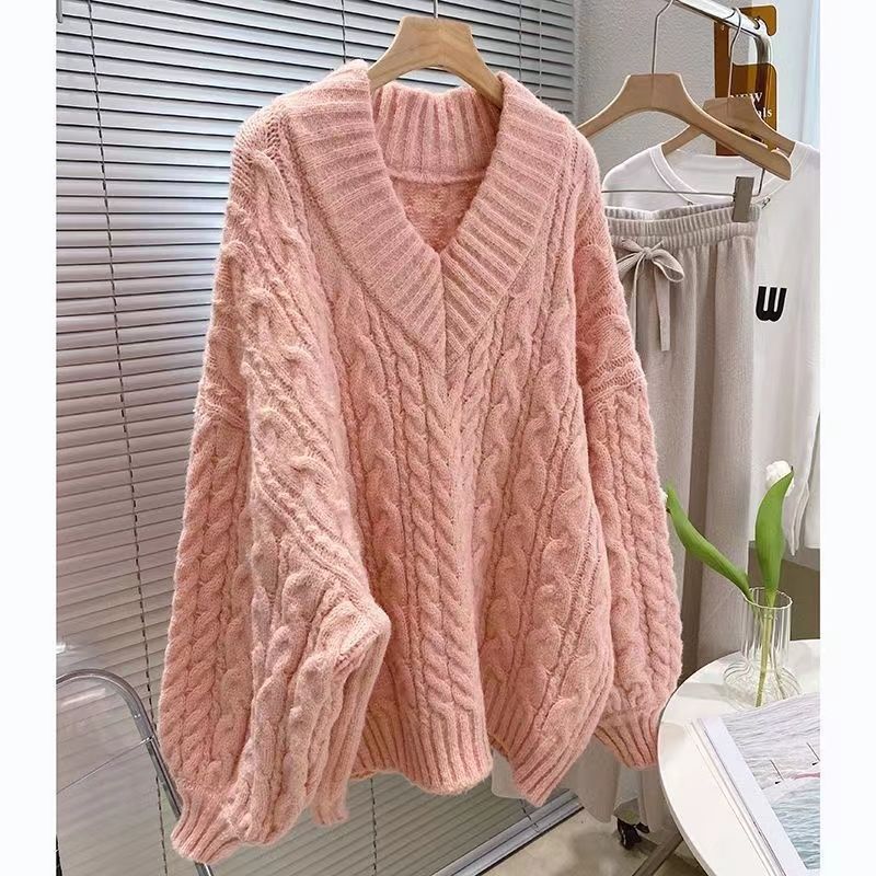 V-Neck Twist Knit Sweater – Loose Warm