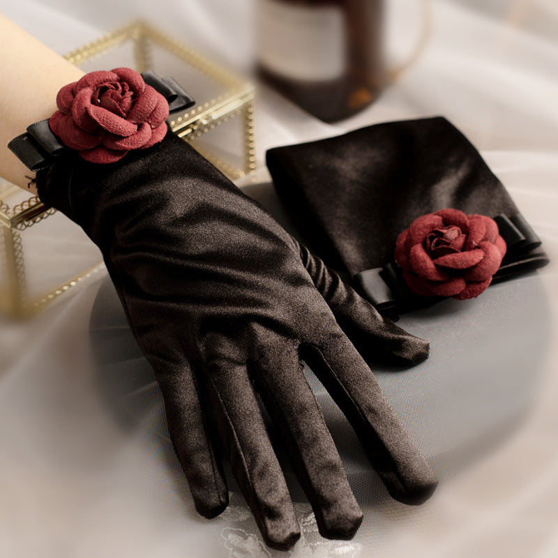 Black Velvet Satin French Retro Bridal Evening Gloves