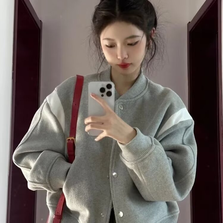 Women’s French Baseball Jacket Fleece-Lined Short