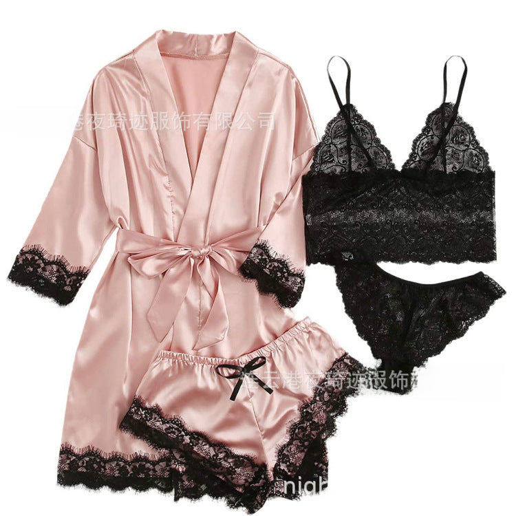 4-Piece Satin Lace Sleepwear Set – Summer Pajama Set for Women