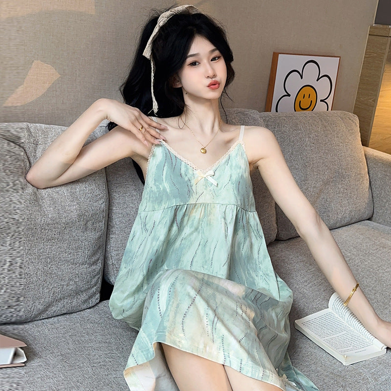 Ice Silk V-Neck Cami Pajama Set with Chest Pad