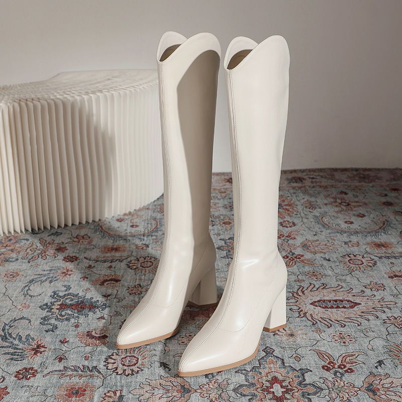 Women’s White High Heel Long Boots 2025 Autumn Winter V Mouth