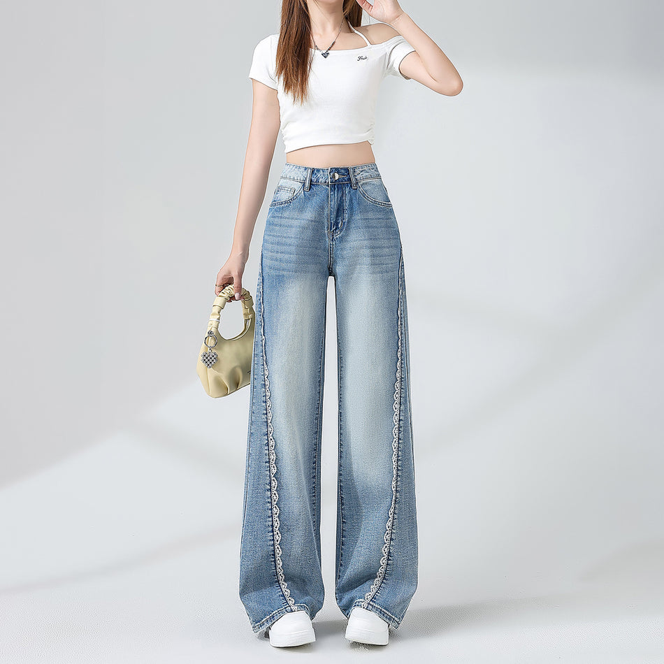 Lace-Trimmed Wide-Leg Jeans