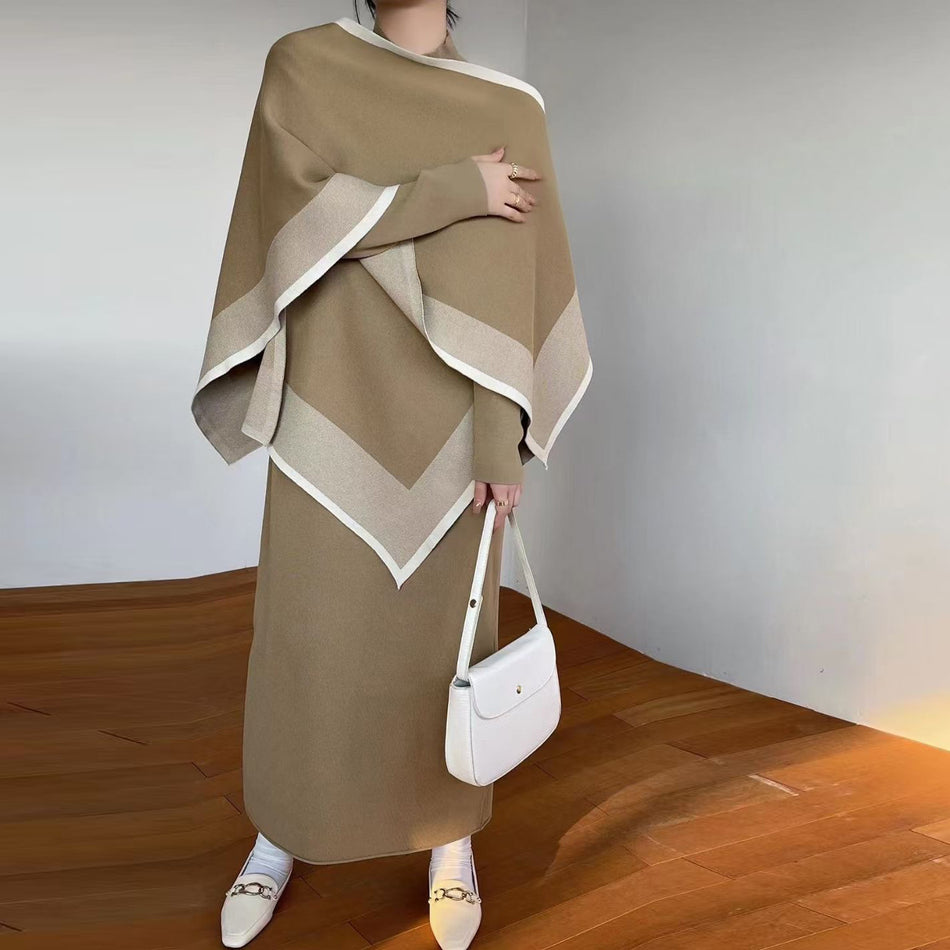 Korean Style Shawl Cloak & Knitted Dress Set