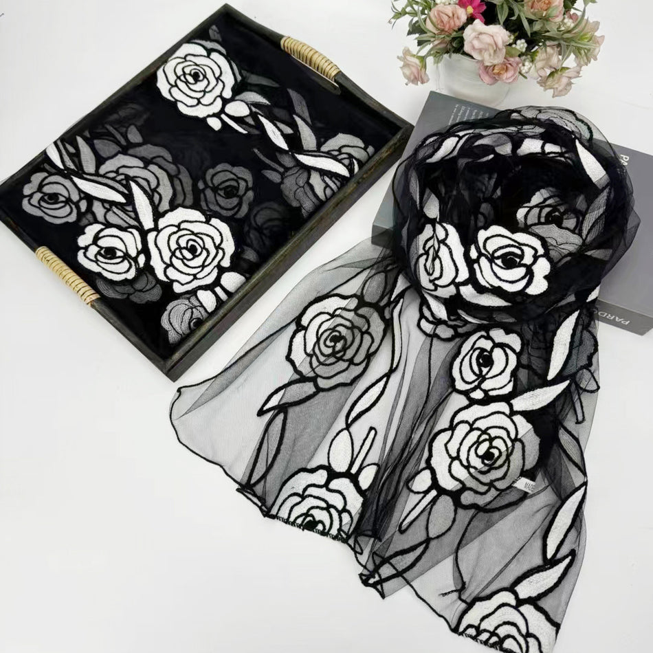 Handcrafted Silk Embroidered Rose Scarf – Summer & Autumn Travel & Sunscreen Wrap