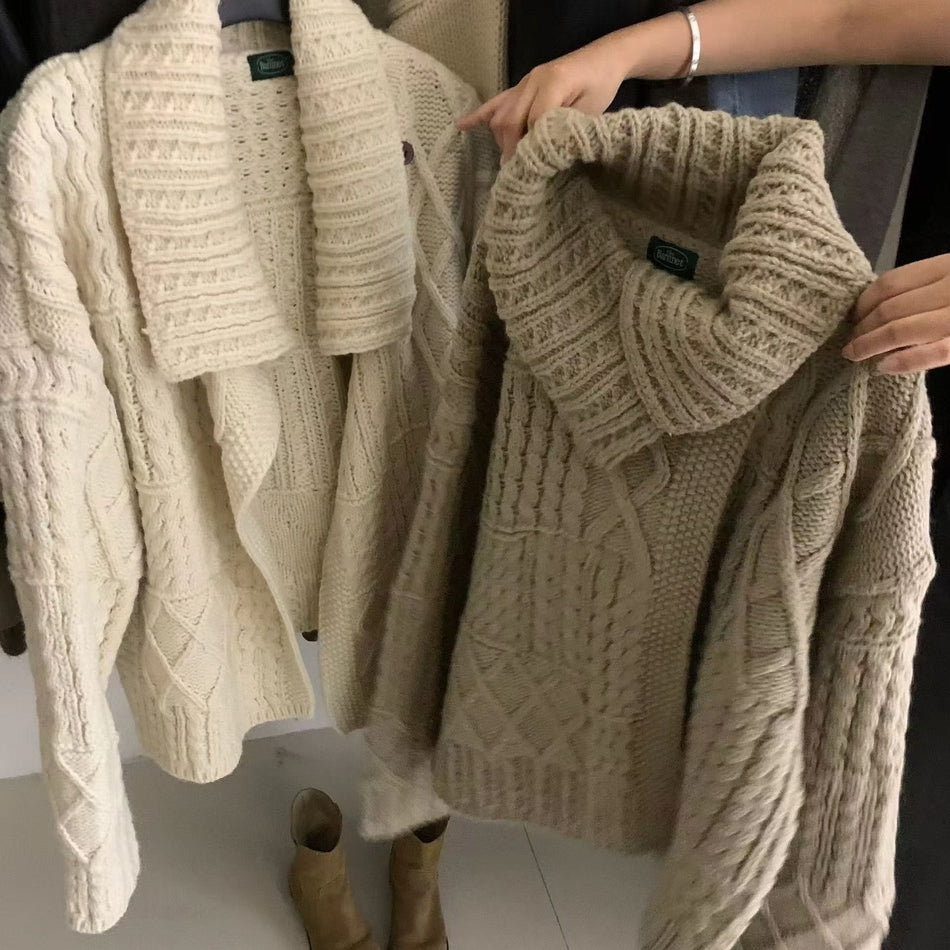 Women’s Lazy Style Thick Lapel Twist Knit Cardigan