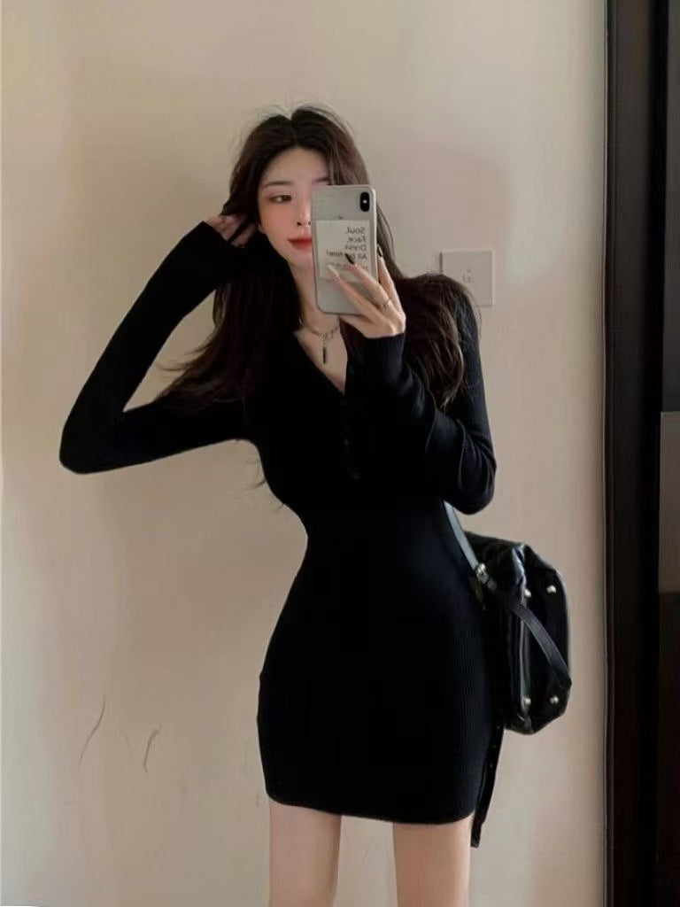 French Black Knitted Slimming Inner Dress for Autumn Winters