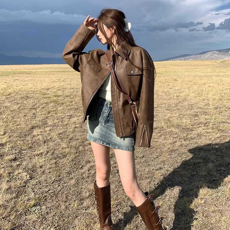 Women’s Brown PU Leather Motorcycle Jacket