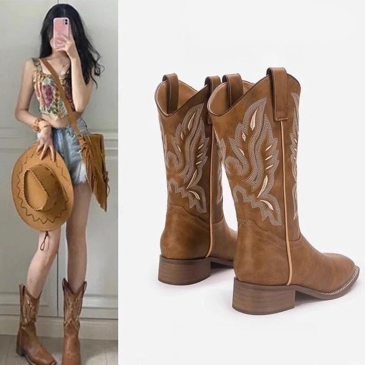 Women’s Embroidered Cowboy Boots Thick Heel Mid-Calf