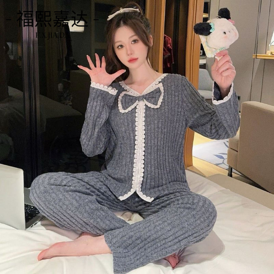 Lace Bow Striped Pajama Set