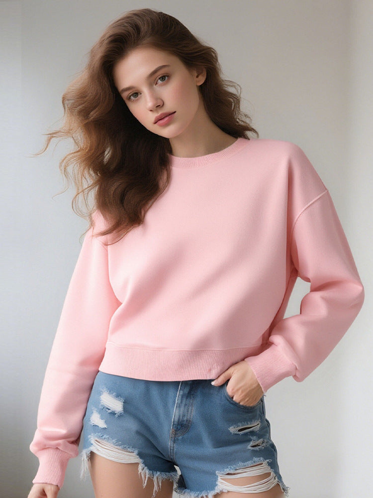 European American Cotton Crewneck Short Sweatshirt WomenTop